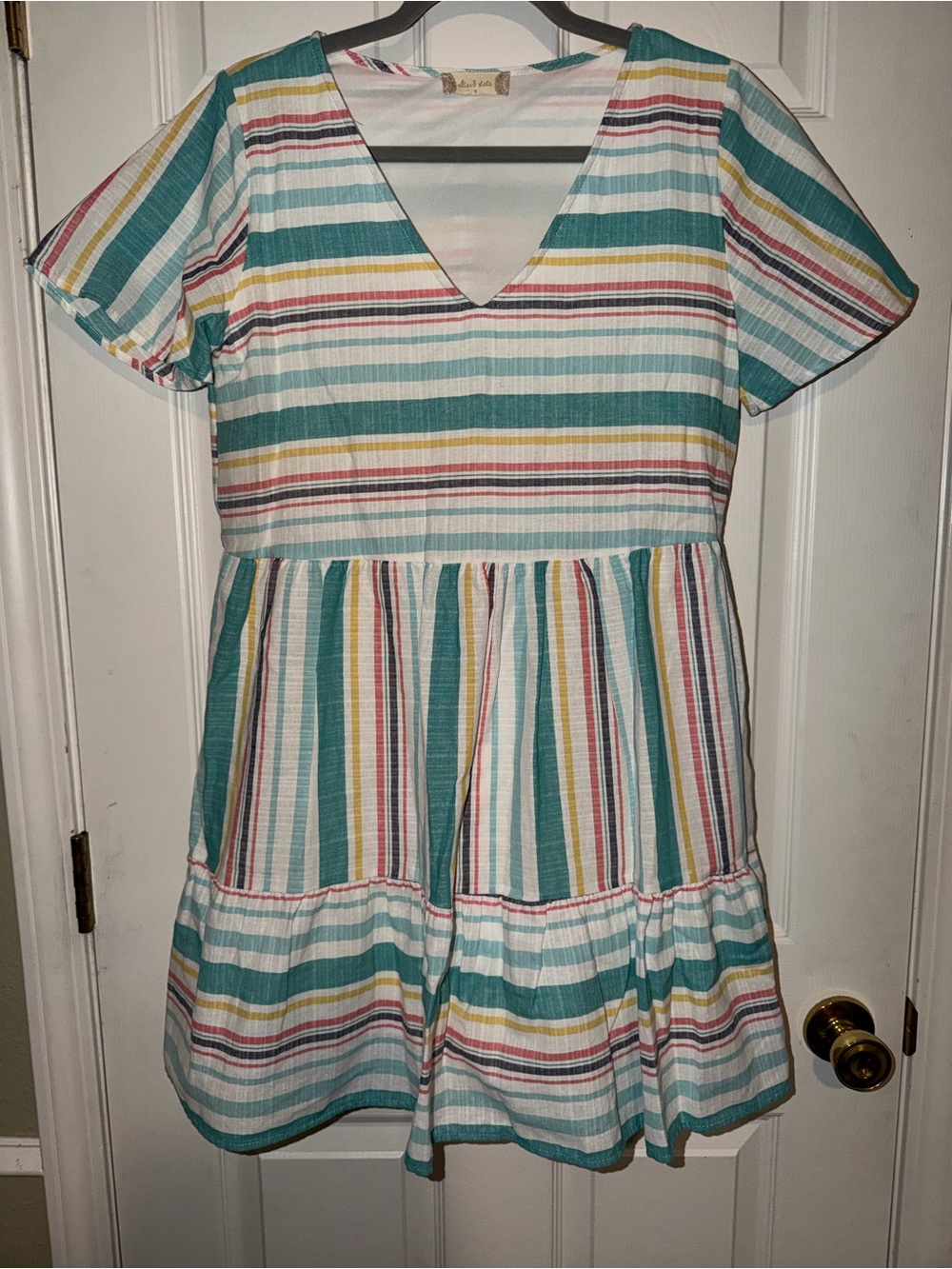 Altar'd State Teal and Multicolor Striped V-Neck Tiered Lined Mini Dress